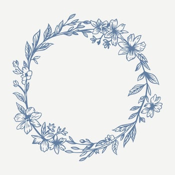 Botanical blue wedding frame or wreath on white background. Hand drawn floral, flower, leaf branch in toile de jouy style. Line art for wedding, monogram, invitation, greeting, logo, birthday cards vector