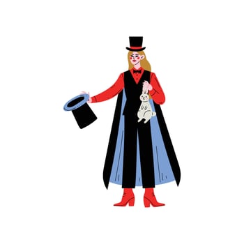 Female Magician Character Holding Top Hat and Rabbit Illustration vector