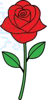 Single Red Rose Flower Drawing, Simple Stem, Green Leaves vector
