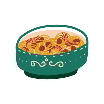 Green Bowl of Noodles with Shrimps, Traditional Chinese or Japanese Food, Ramen Noodles Illustration vector