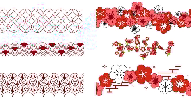 illustration seamless borders of Korean chinese traditional elements pattern. Graphic set on transparent background vector