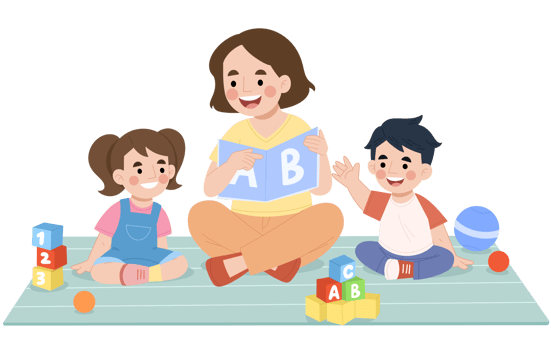Illustration of cheerful children learning to read with the teacher png