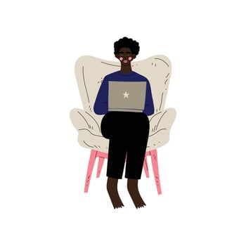 Young African American Man Sitting in Armchair Working with Laptop Computer, Girl Spending Weekend at Home and Relaxing Illustration vector