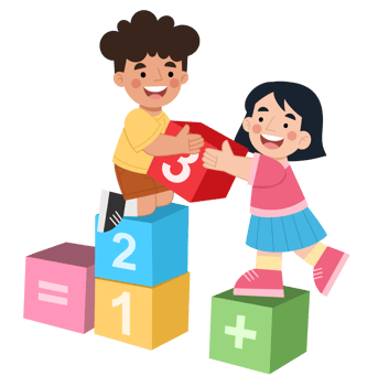 Illustration of a boy and a girl stacking number blocks. Educational math illustration png