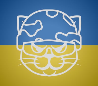Ukrainian military cat. Serious animal soldier thin line. Character in camouflage. vector