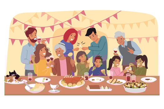 Family party on thanksgiving eve, with happy people of different ages near holiday table vector
