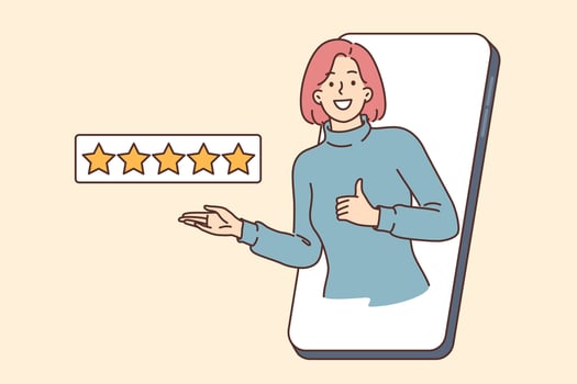 Positive woman gives five stars in mobile application, shows thumbs up, looking out of smartphone vector