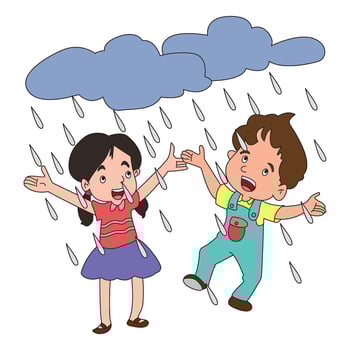 Cute little girl and boy playing in the rain cartoon vector