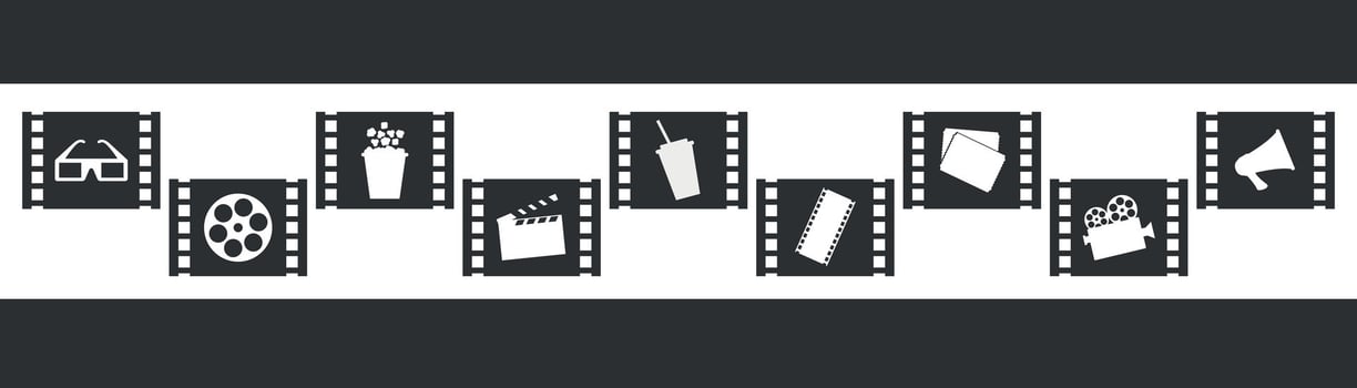 Cinema movie icon silhouettes in filmstrip frames. 3D glasses, film reel, popcorn, clapperboard, soda, film strip, cinema tickets, movie camera and megaphone vector