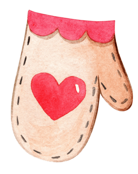 watercolor brown mittens with red hearts isolated png