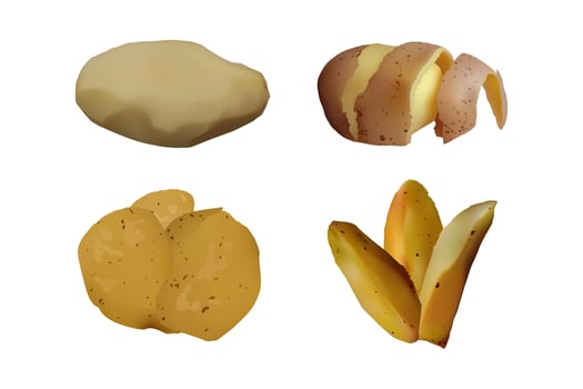 Peeled and baked Potato, snack set. Vegetarian food. vector