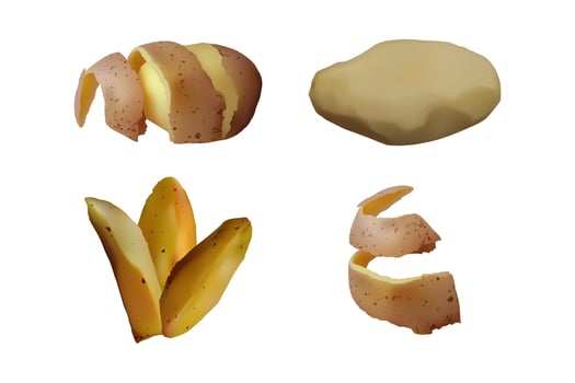 Peeled and baked Potato, snack set. Vegetarian food. vector