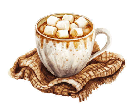 Warm cup of hot chocolate topped with marshmallows, resting on cozy blanket. Perfect for chilly days and comforting treat png