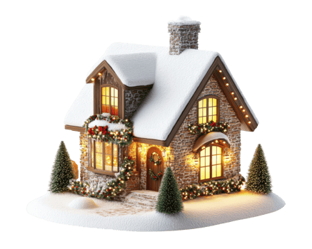 charming winter cottage adorned with festive decorations, snow covered roof, and warm glowing lights, creating cozy holiday atmosphere png