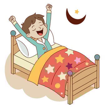 Cheerful Boy Waking Up in a Cozy Wooden Bed Wholesome Illustration. vector