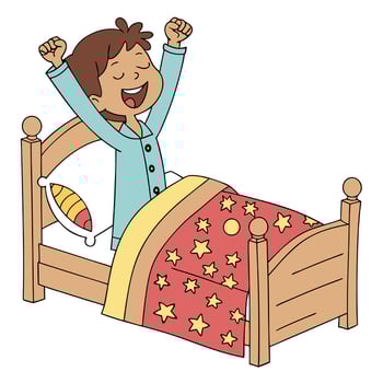 Happy Morning Scene Young Boy in Wooden Bed Cartoon. vector