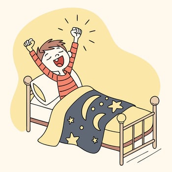 Cheerful Boy Waking Up in a Cozy Wooden Bed. vector