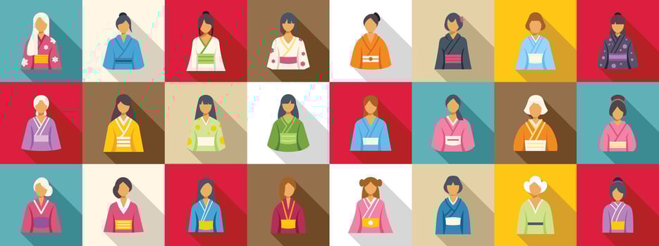 Young girl kimono icons set. Japanese women wearing colorful kimonos, a celebration of culture and tradition vector