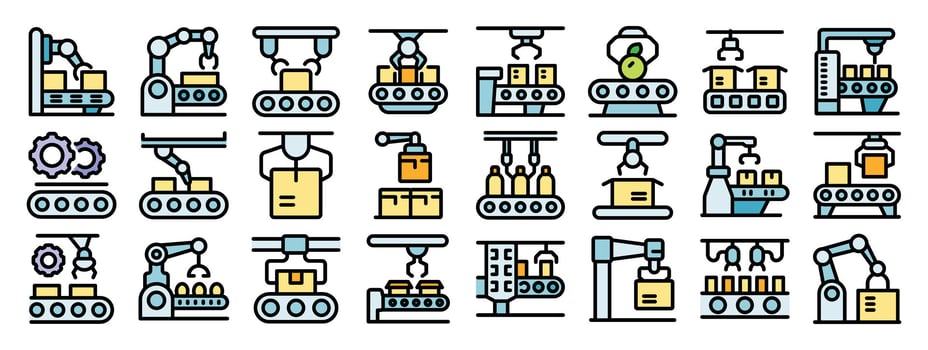 Robotic arms handling packages and products on assembly line vector