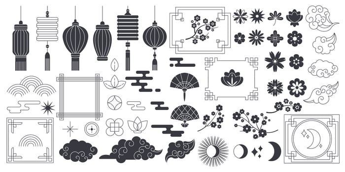 Chinese culture symbols and frames linear glyph icons collection. Traditional Asian decorative ornaments objects set on white background vector
