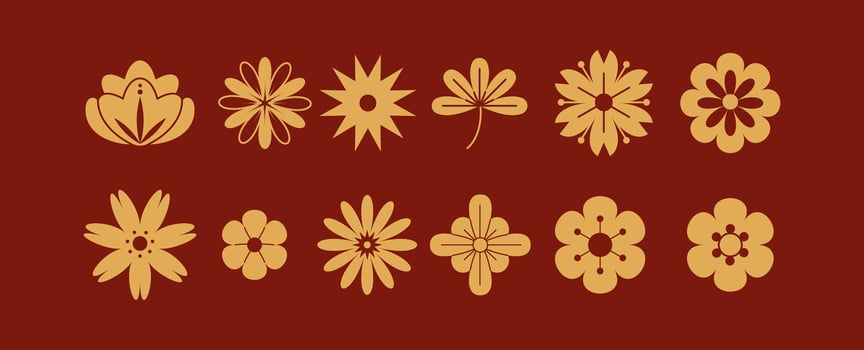 Lotus and sakura flowers Chinese ornaments glyph icons collection. Various traditional Asian floral motifs objects set on red background vector