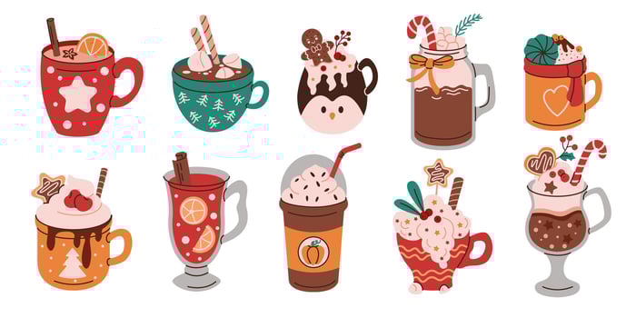 Hot drinks for winter holiday season flat color objects set. Warming Christmas beverages illustrations bundle on white background vector