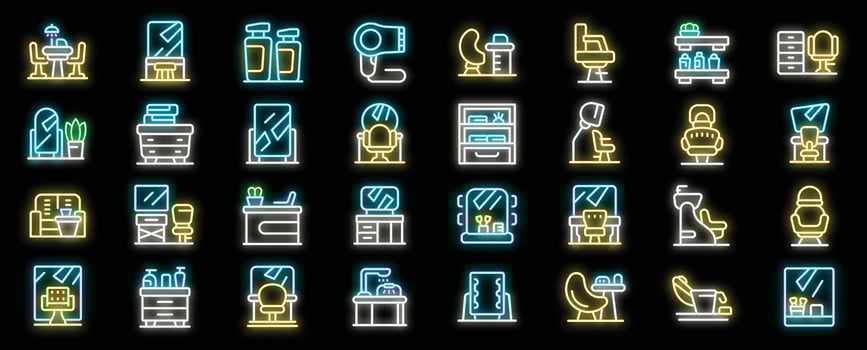 Neon icons of beauty salon furniture and equipment illuminating the night vector