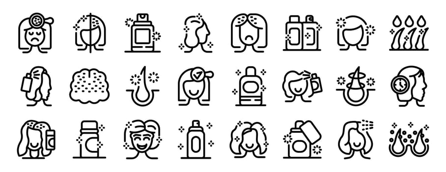 Dry shampoo icons set. Women applying hair products for healthy vector