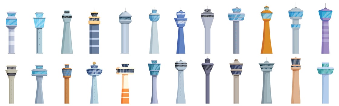 Airport control tower icons set. Airport control tower set managing air traffic and navigation vector