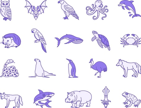 Colored Animal Icons. Illustrations of Owl, Bat, Eagle, Octopus, Dolphin, Hedgehog, Parrot, Whale, Turtle, Crab, Snake, Penguin, Cassowary, Wolf, Shark and Others vector