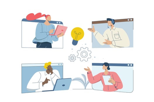 conference communication, Virtual communication, Online meeting or seminar, Consulting or data analysis meetings, Business discussion, Distance studying and remote working concept. vector