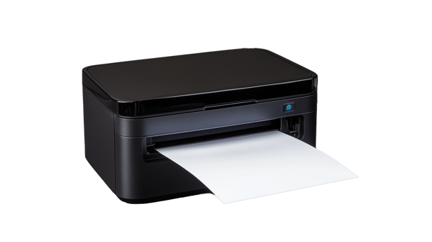 Black printer with paper output and sleek design on transparent background png