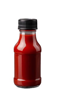 Red sauce bottle with black lid, ketchup condiment, glass container, glossy finish, on transparent background png