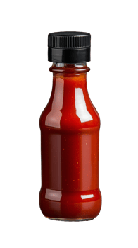 Bottle of red sauce with a black cap on transparent background png