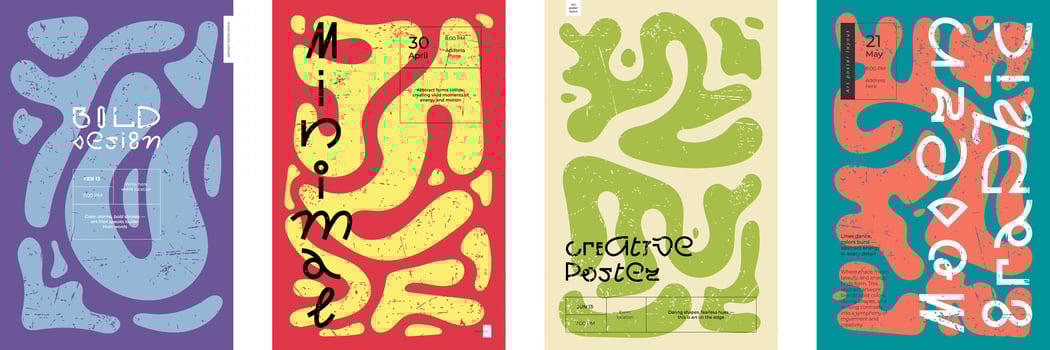 Abstract poster templates. Artistic liquid organic blob shapes pattern placards. Trendy Y2K vintage style colorful wavy bubbles and drops. Typography print with modern fluid forms and minimalist waves vector