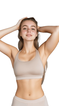 Fit young woman in activewear with hands on head on transparent background png