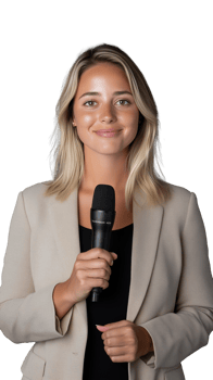 Confident woman holding microphone in professional attire on transparent background png