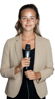 Professional woman holding microphone in formal attire on transparent background png