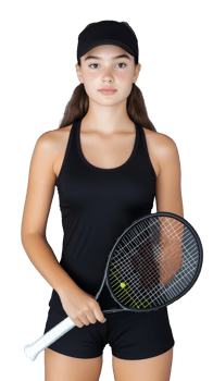 Young female tennis player holding a racket in sports attire on transparent background png