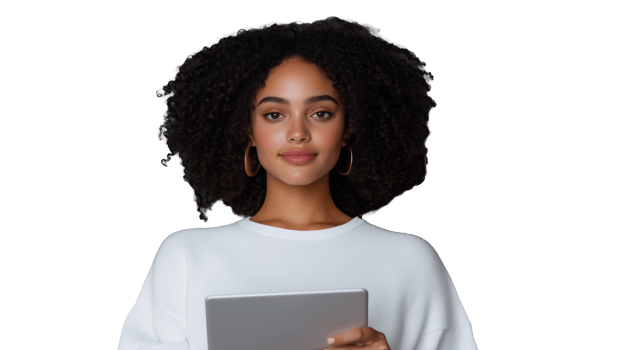 Young woman with curly hair holding tablet, smiling confidently, modern fashion on transparent background png