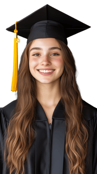 Happy female graduate in cap and gown smiling confidently on transparent background png