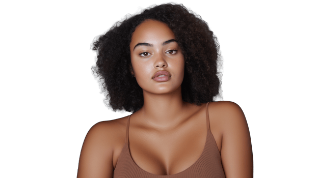 Confident young woman with curly hair and natural makeup on transparent background png