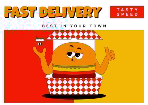 Horizontal banner with funky burger character in retro groovy style. Delivery, cafe, street food restaurant. Vintage illustration vector