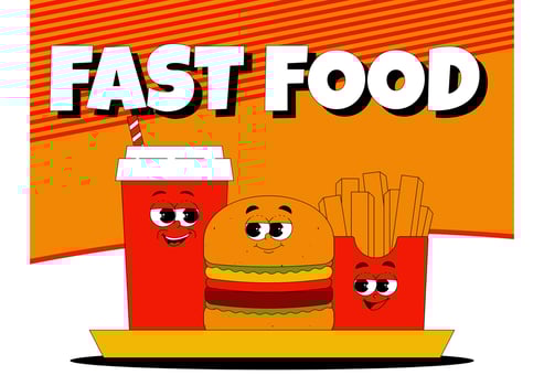 Horizontal banner with character burger, french fries and drink in retro groovy style. Delivery, cafe, street food restaurant. Vintage illustration vector
