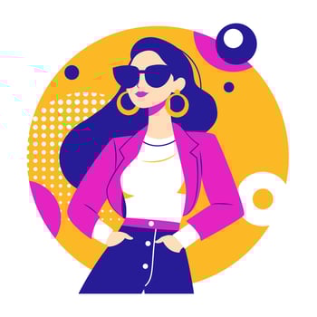 Gorgeous Girl Character Wearing Sunglasses Fashion in Retro Style with Memphis Decoration vector