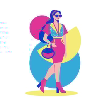 Elegant Girl Character Wearing Sunglasses Fashion in Retro Style with Memphis Decoration vector