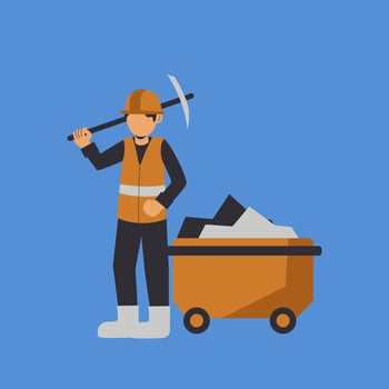 A man in a hard hat and orange vest is holding a pickaxe vector