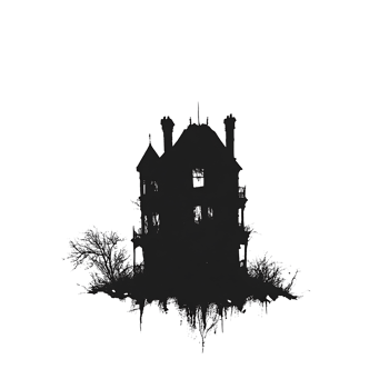 A black and white image of a house in the dark png
