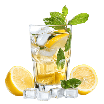 A glass of lemonade with ice cubes and lemons png