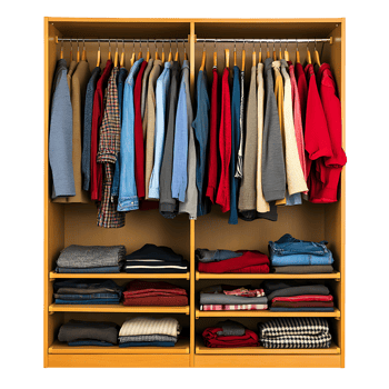 A closet with clothes and shirts on the shelves png